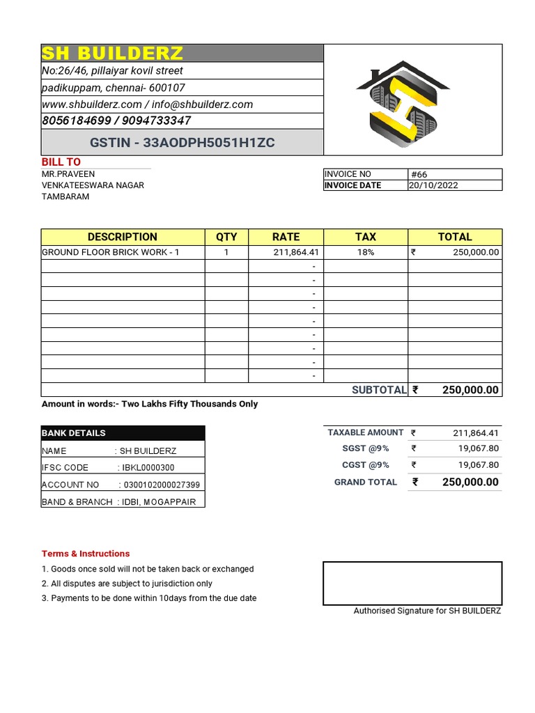 SH Builders Inovice Template Download Free PDF Invoice Public Finance