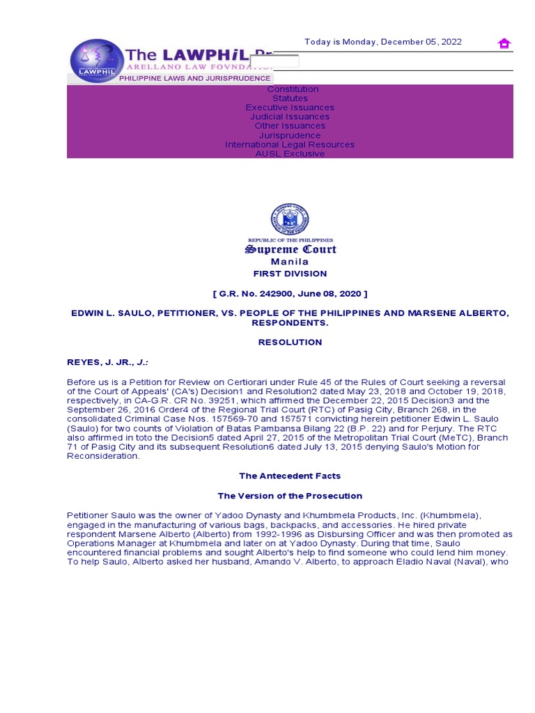 Edwin Saulo vs. Marsene Alberto Case Summary | PDF | Perjury | Cheque