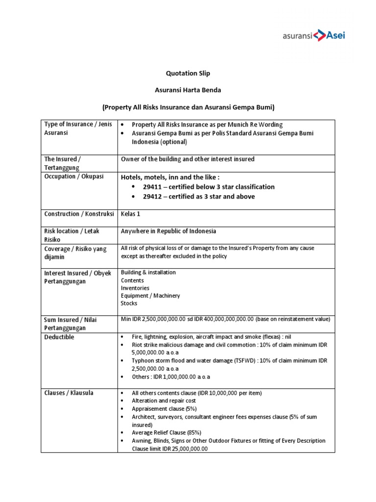 Quotation Slip Asuransi Harta Benda Hotel PDF Insurance Deductible