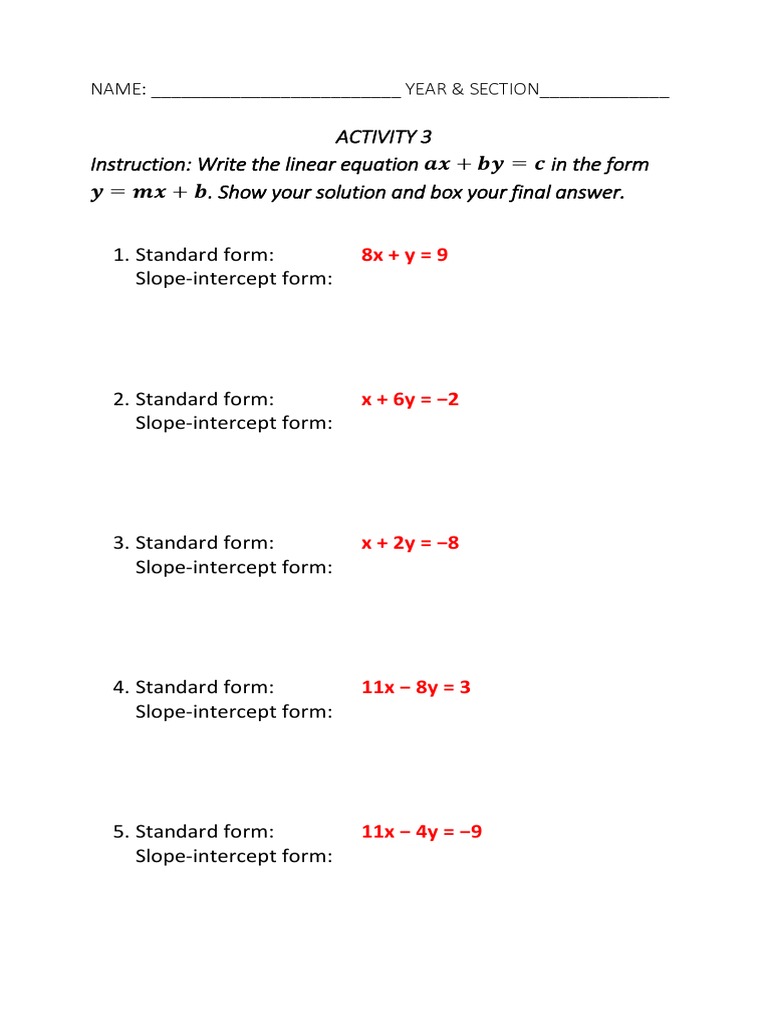 ACTIVITY 3 Standard To SlopeIntercept Form PDF