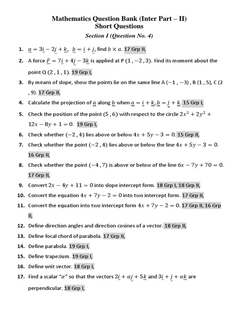 Mathematics Question Bank for Inter Part II | PDF | Ellipse | Mathematics