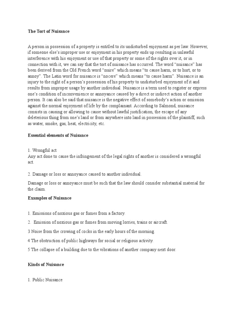 The Tort Of Nuisance Pdf Nuisance Tort