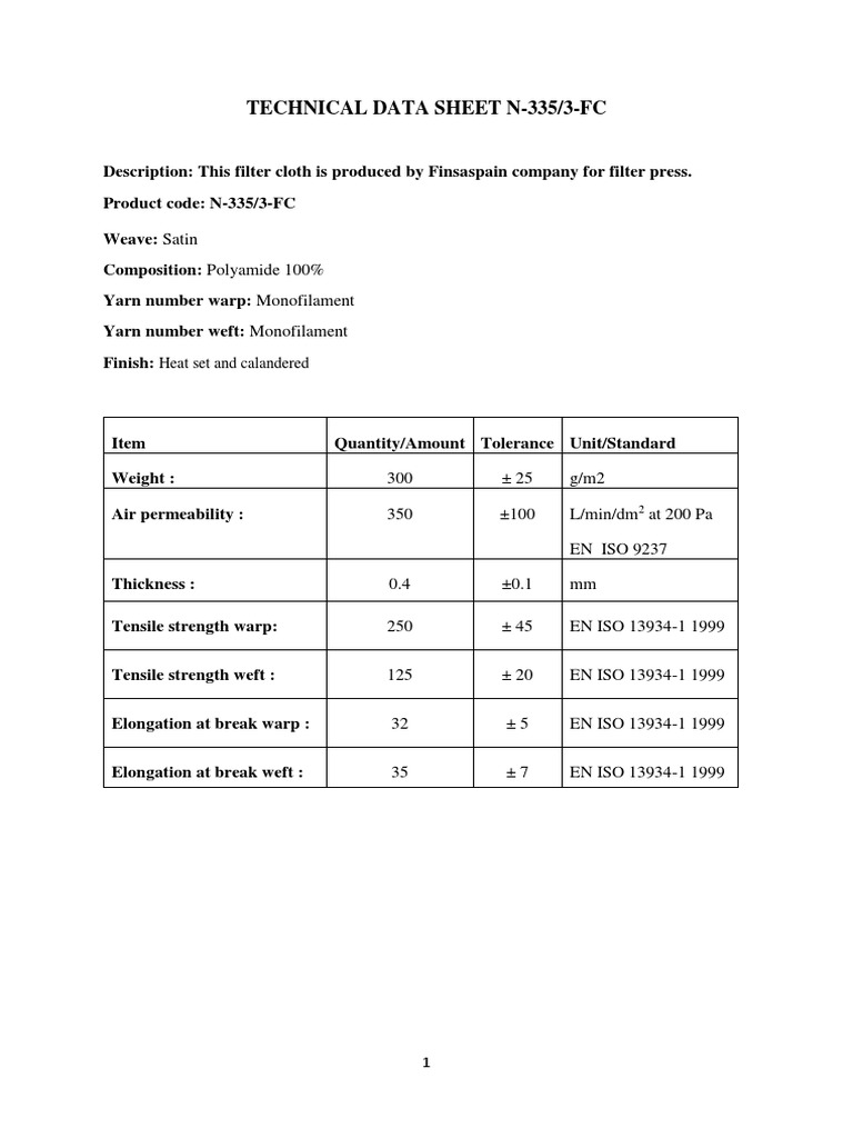 Industrial Filter Cloth Specs | PDF | Textiles | Crafts