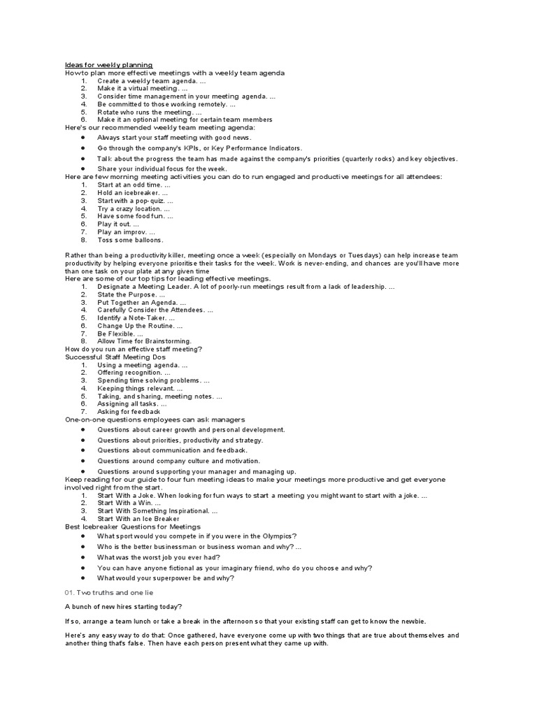 Ideas for weekly planning pdf