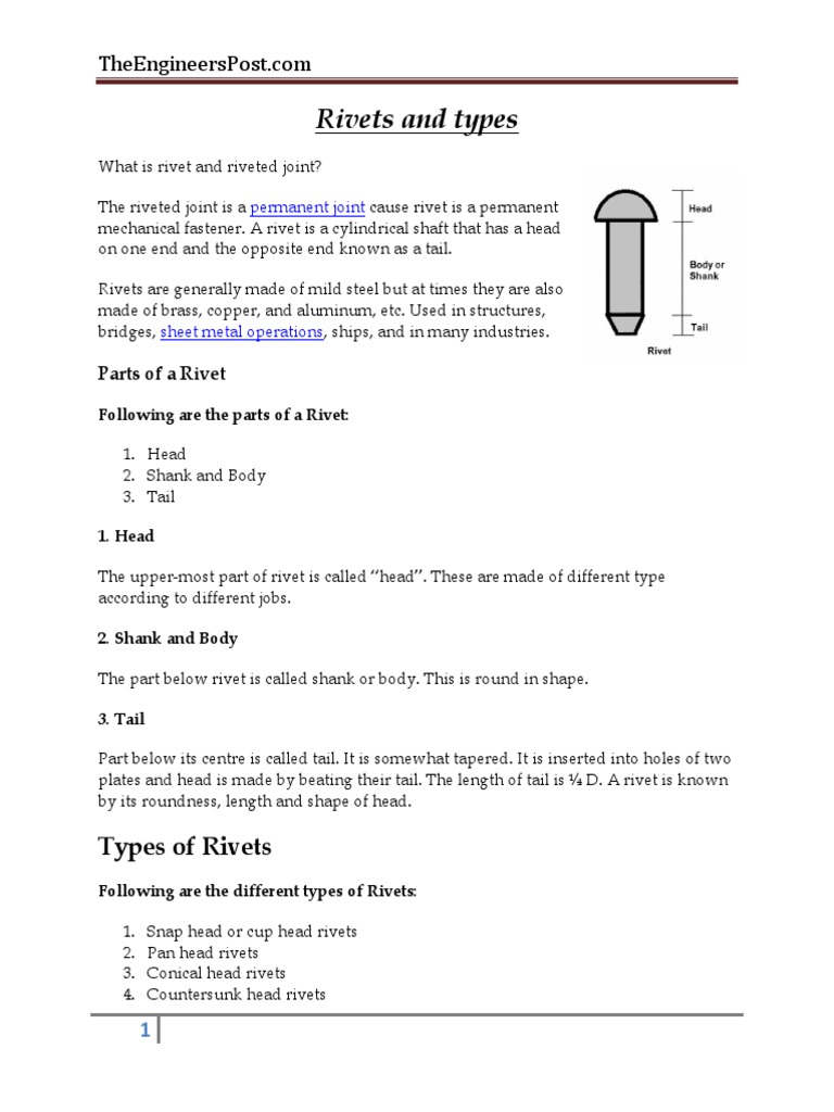 Types of Rivets and Riveted Joints PDF Rivet Industrial Processes
