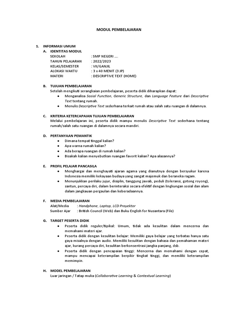 Modul Ajar Descriptive Text 1 Kali Pertemuan Pdf