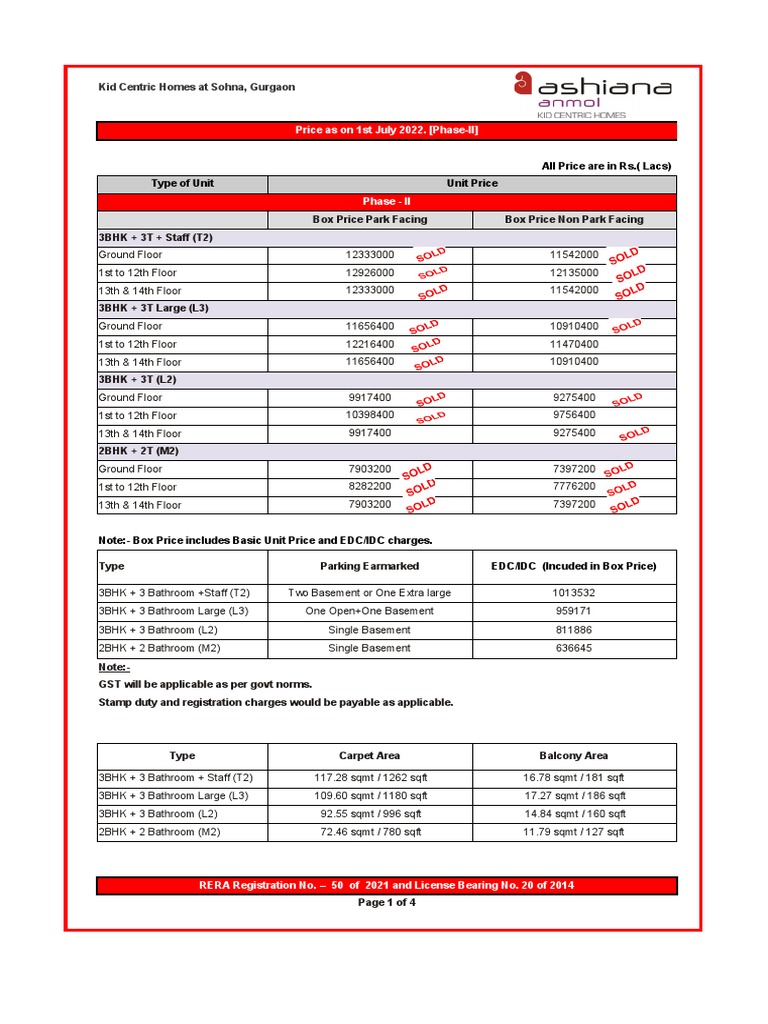 Ashiana Anmol Price List Phase2 Wef 1st July 22 PDF Taxes Sewage