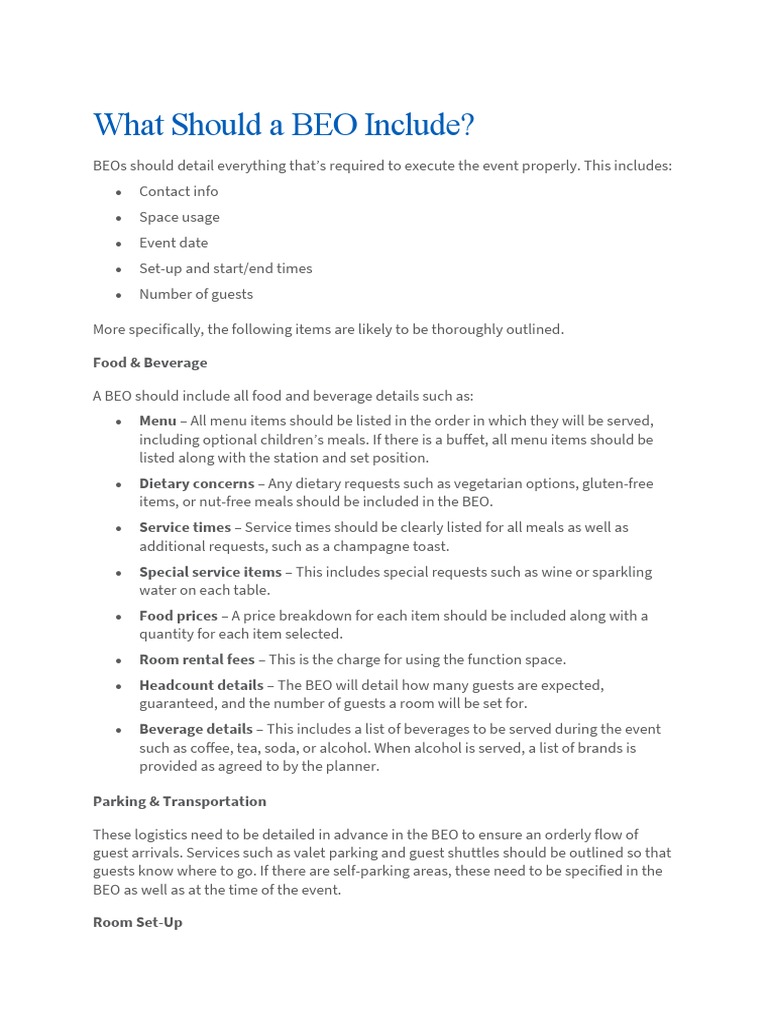 Essential BEO Components Guide | PDF | Menu | Drink