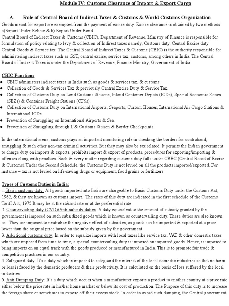 Module IV - Customs Clearance of Import & Export Cargo | PDF