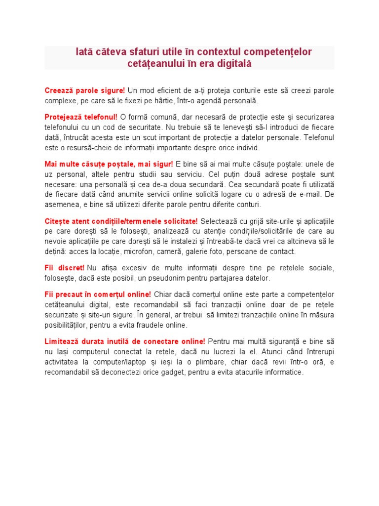 Sfaturi Utile in Contextul Cetateanului Digital | PDF