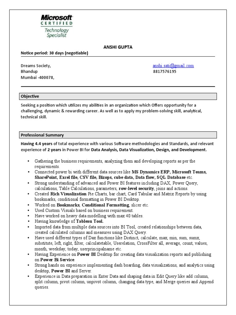 Anshi resume pdf microsoft excel sql