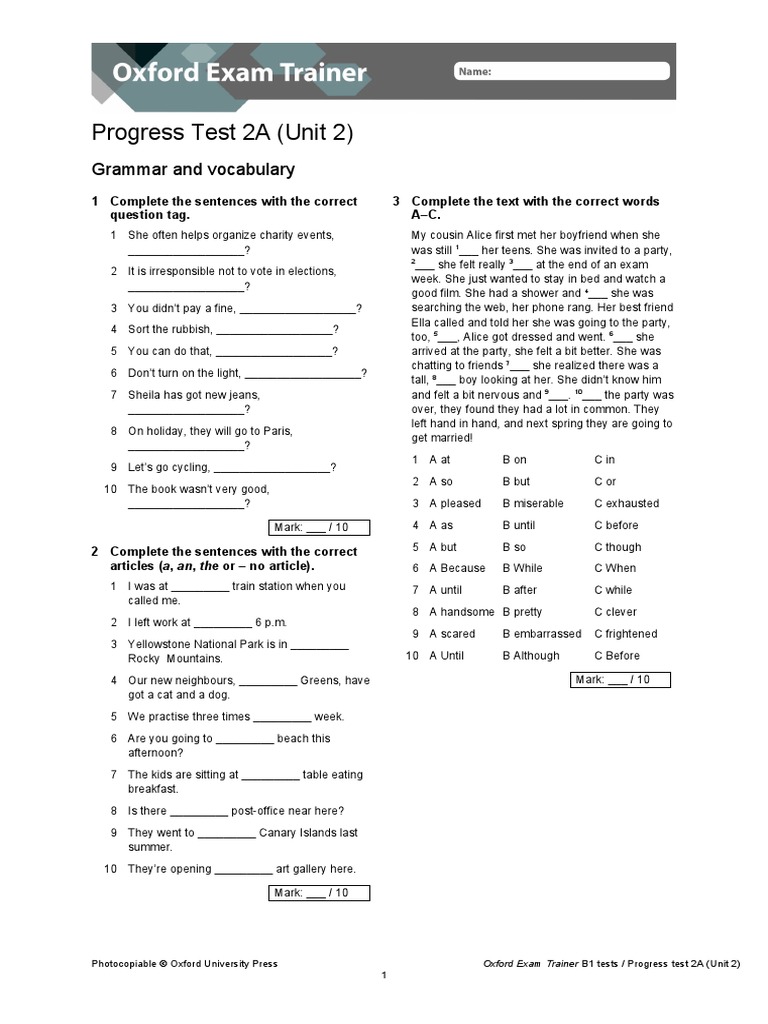 OET B1 Progress Test Unit 2 A + B | PDF
