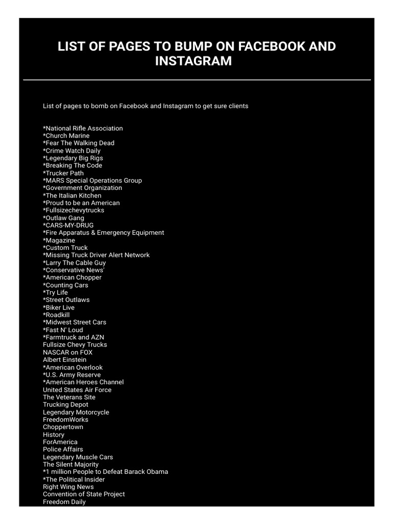 List of Pages To Bump On Facebook and Instagram PDF