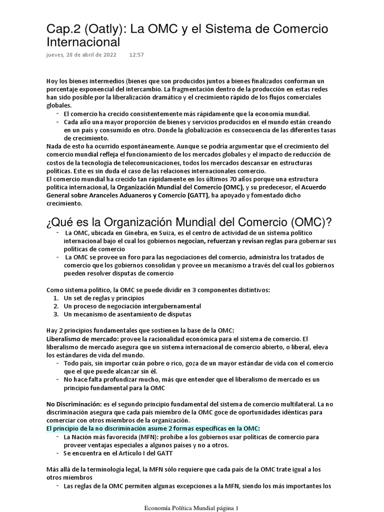 Cap.2 (Oatly) La OMC y El Sistema de Comercio Internacional | PDF ...