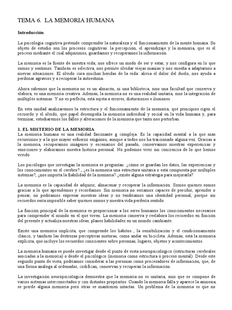 Tema 6 La Memoria Psicología Pdf Memoria Amnesia