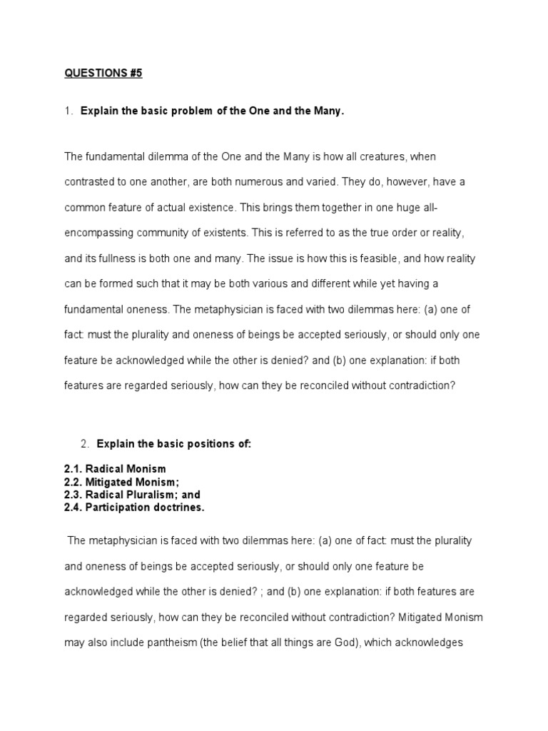Guide Questions Metaphysics PDF Monism Metaphysics