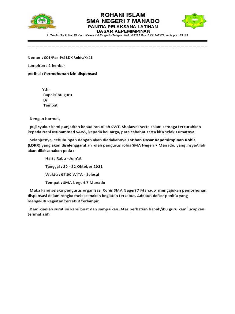 Surat Dispensasi Kegiatan LDKR | PDF