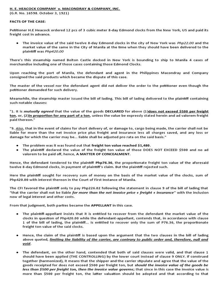 Heacock v macondray pdf cargo bill of lading