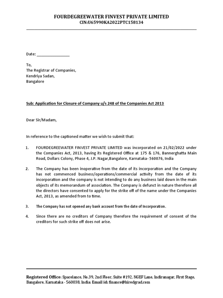 Closure Application for Fourdegreewater Finvest | PDF