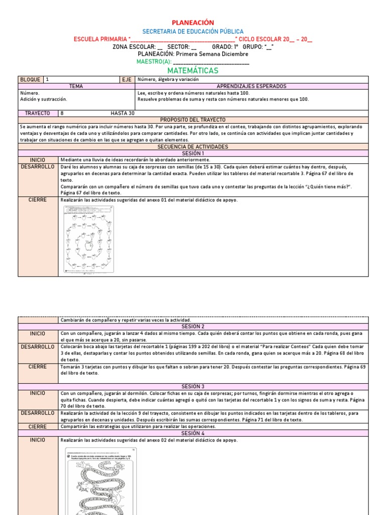 Planeación Matemáticas 1° Grado Diciembre | PDF | Sustracción