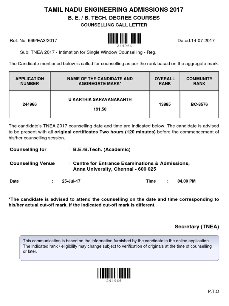 TNEA Counselling Call Letter PDF Identity Document Government And
