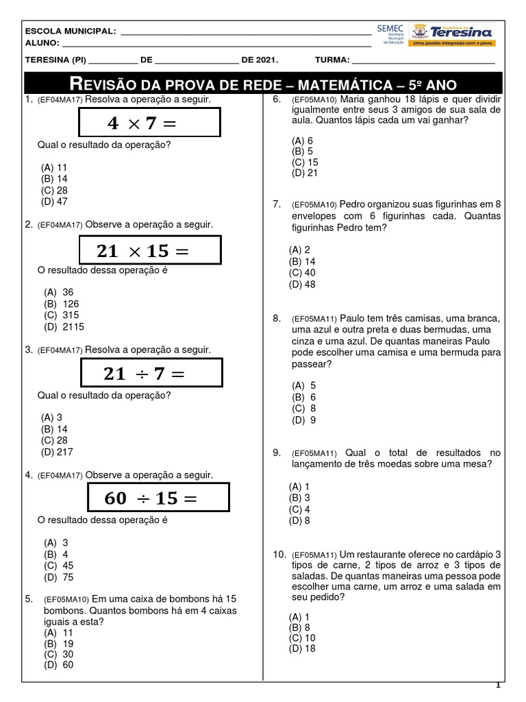 Revisã Prova Matemática 5º Ano 2022 Dezembro-1 | PDF