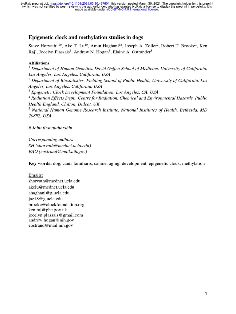 Clock and Methylation Studies in Dogs PDF Genome Wide