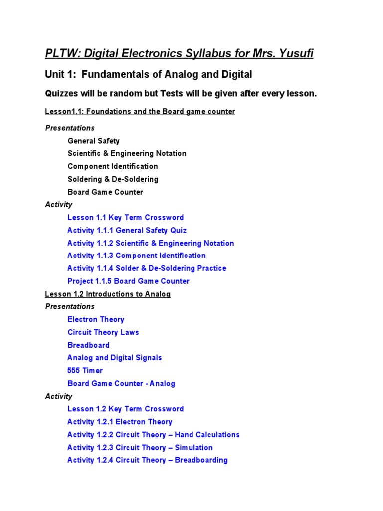 PLTW Digital Electronics Syllabus For Mrs. Yusufi Unit 1