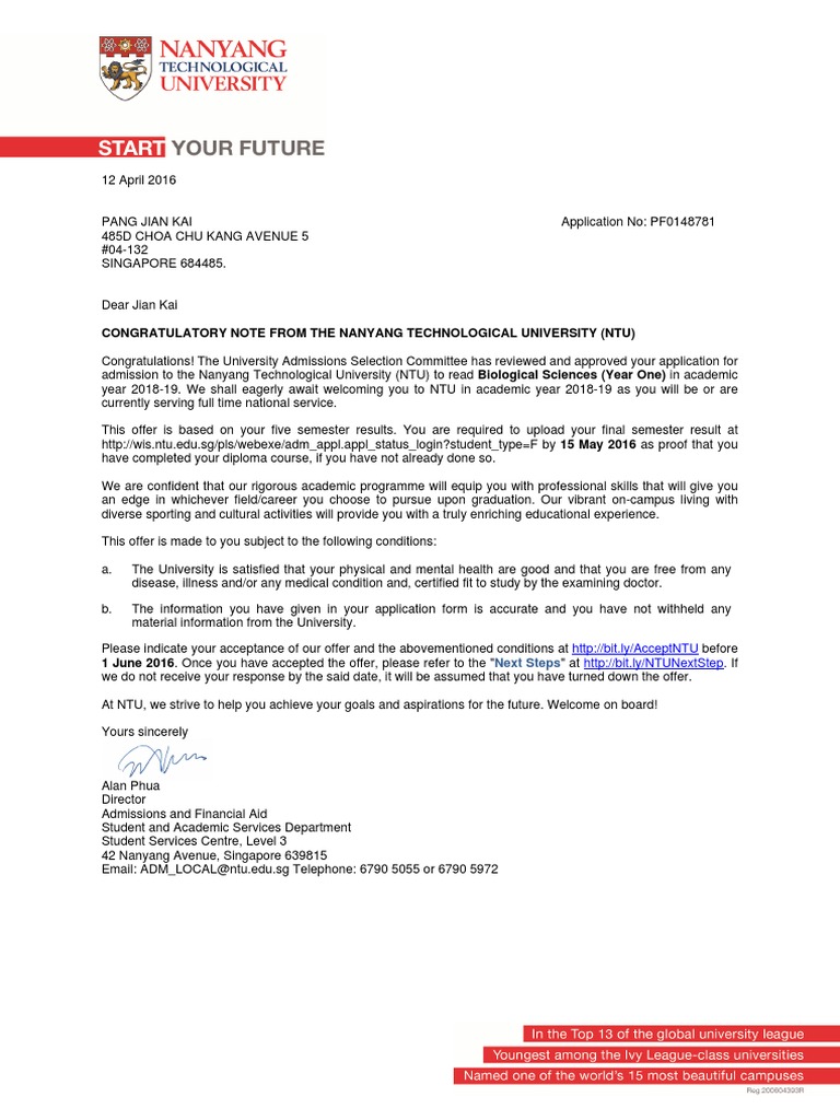 Congratulatory note from the nanyang technological university ntu pdf