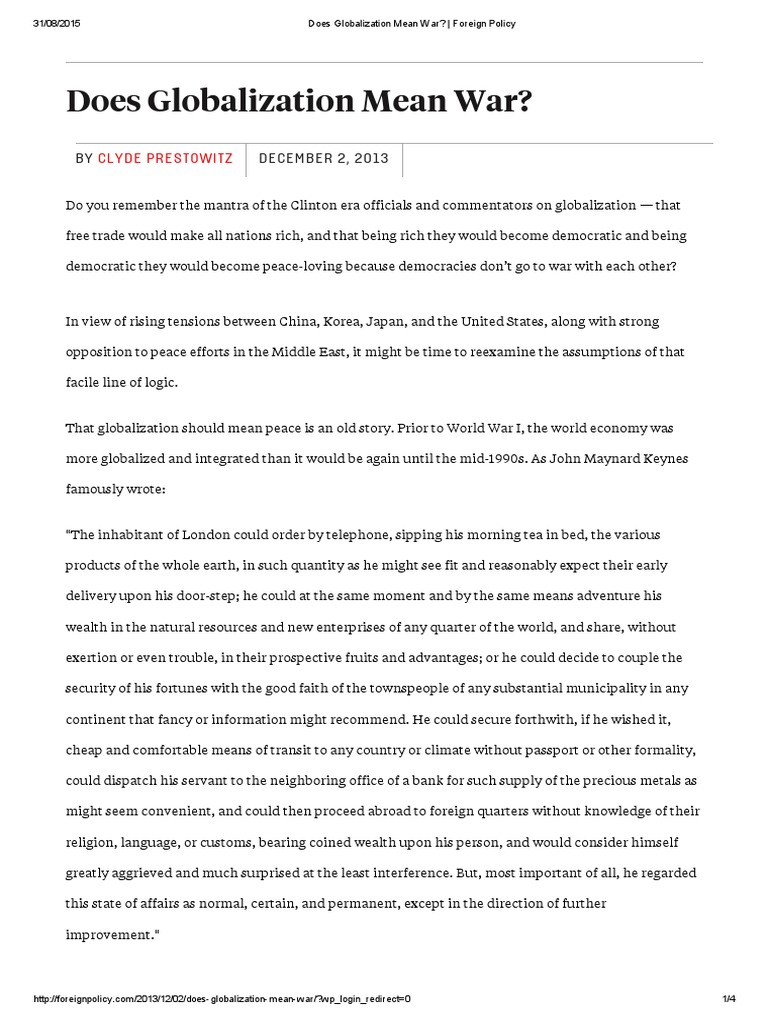 Clyde Prestowitz Does Globalization Mean War PDF China World Politics