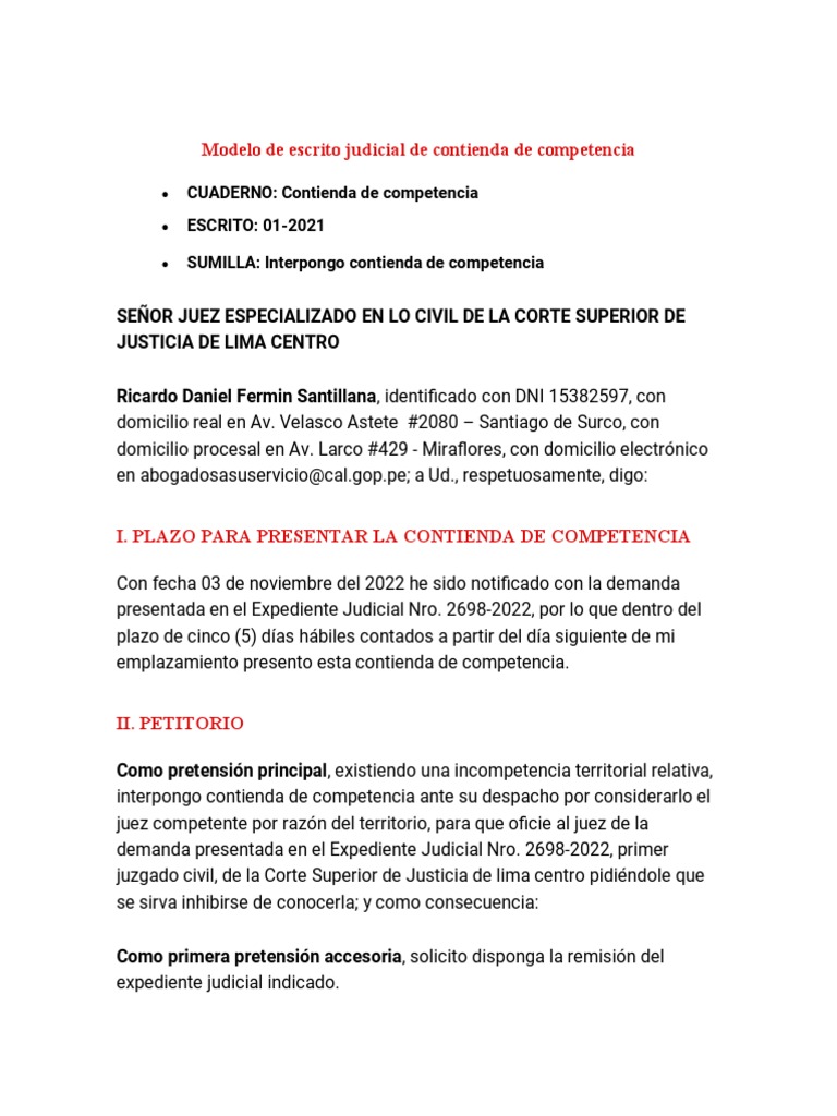 Modelo de contienda de competencia judicial | PDF | Demanda judicial ...
