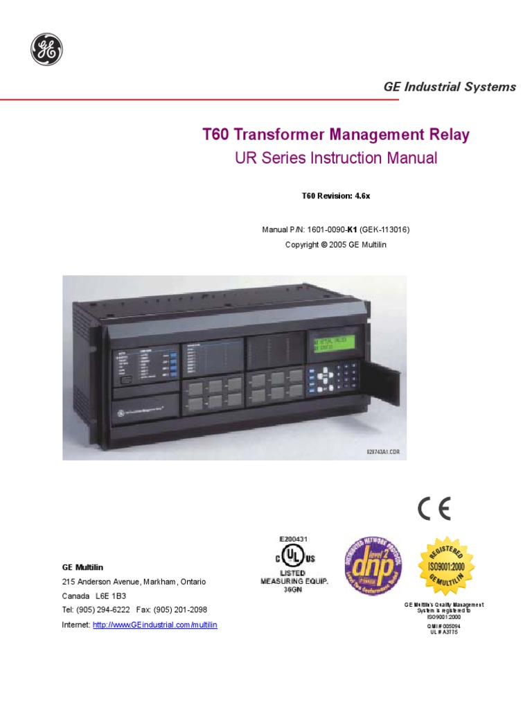 T60 Transformer Management Relay UR Series Instruction Manual PDF