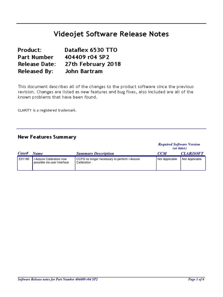 Videojet CLARiSOFT Release Notes 404409 | PDF