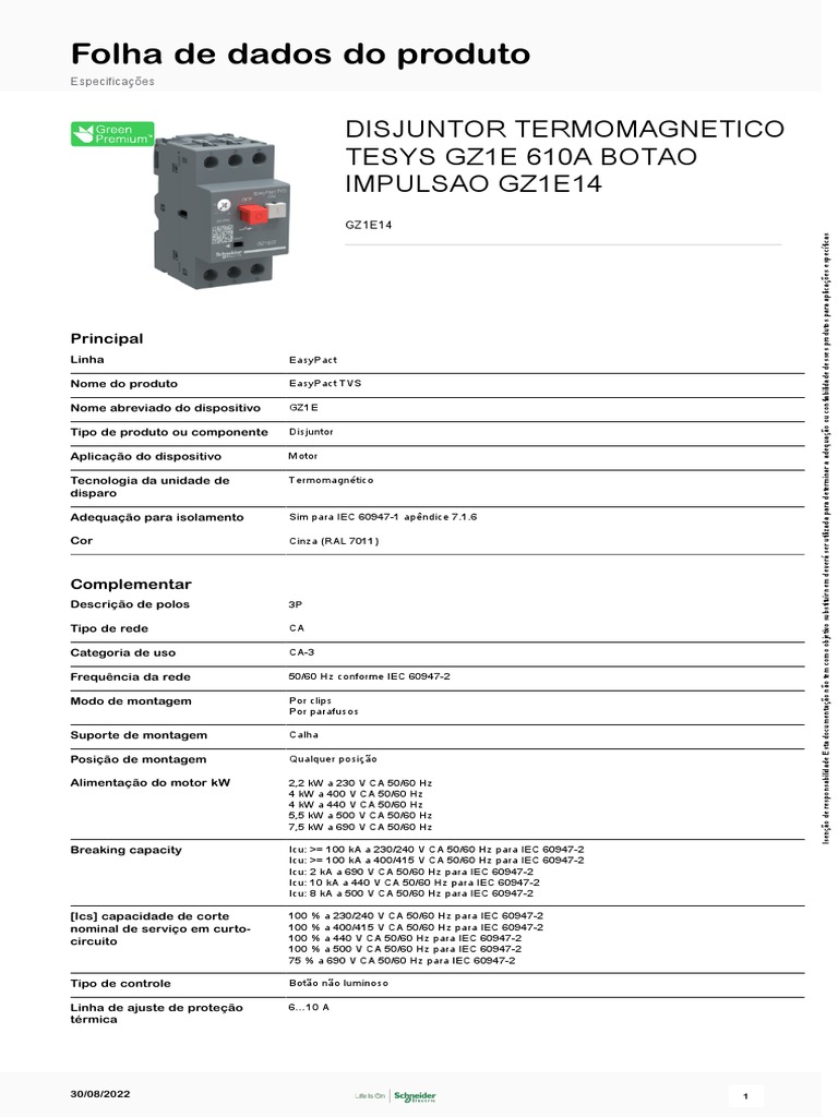 Disjuntor Motor GZ1E - GZ1E14 | PDF | Engenharia Elétrica