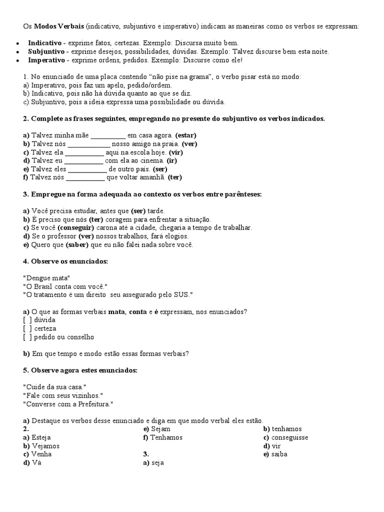 Modos verbais indicativo, subjuntivo e imperativo | PDF