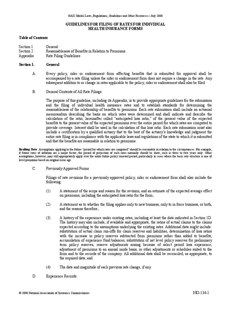 Guidelines For Filing of Rates For Individual Health Insurance Forms