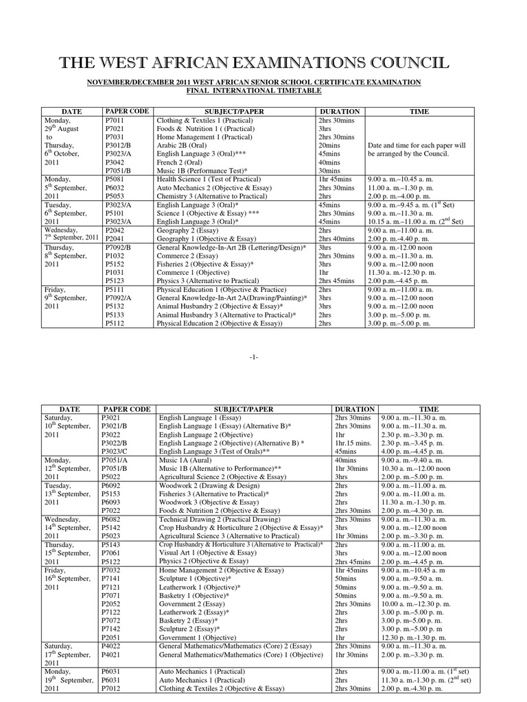 The West African Examinations Council Timetable NovDec 2011 PDF