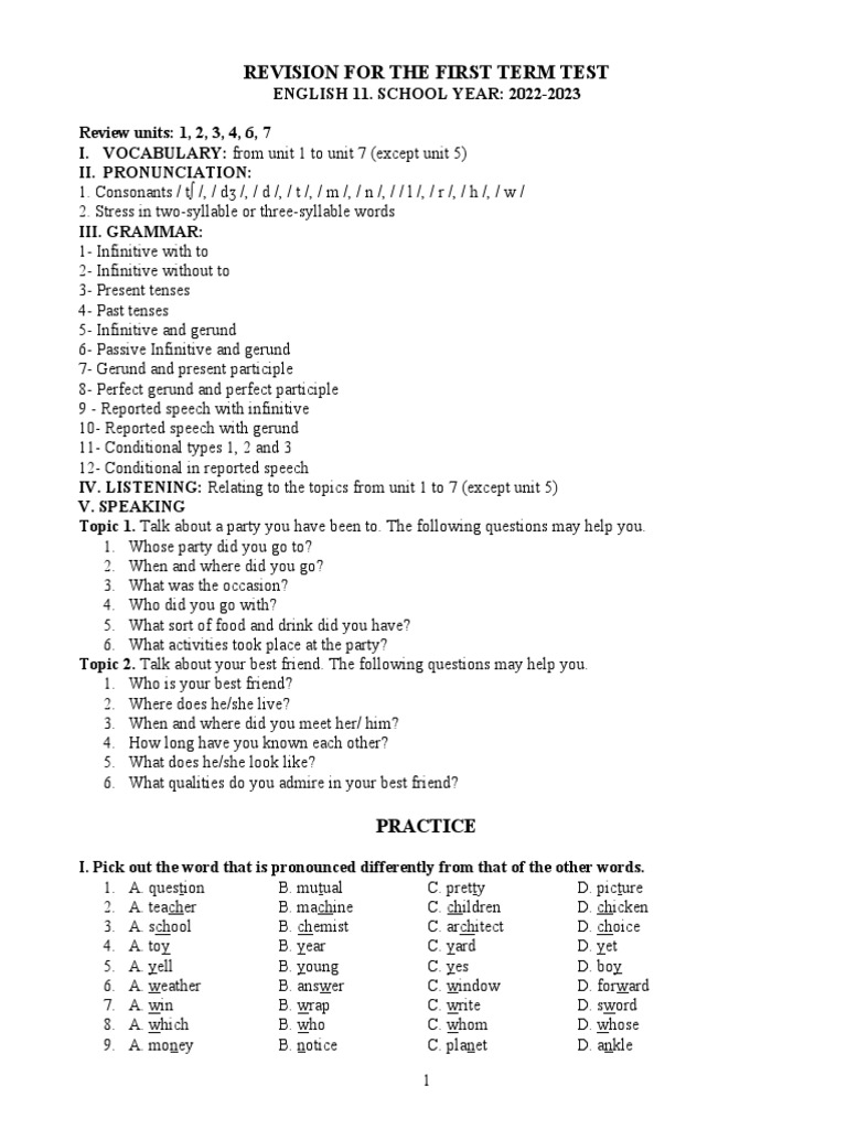 Revision For The First Term Test English 11 2022 2023 Pdf