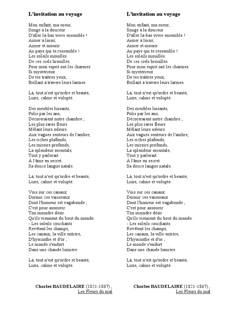 Invitation Au Voyage De Baudelaire PDF Les Fleurs Du Mal Amour