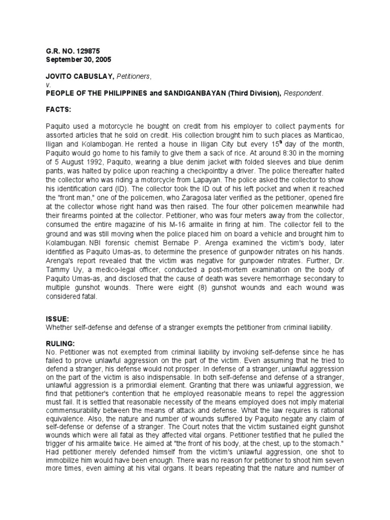 CABUSLAY VS PEOPLE (Defense of Strangers) | PDF | Self Defense | Justice