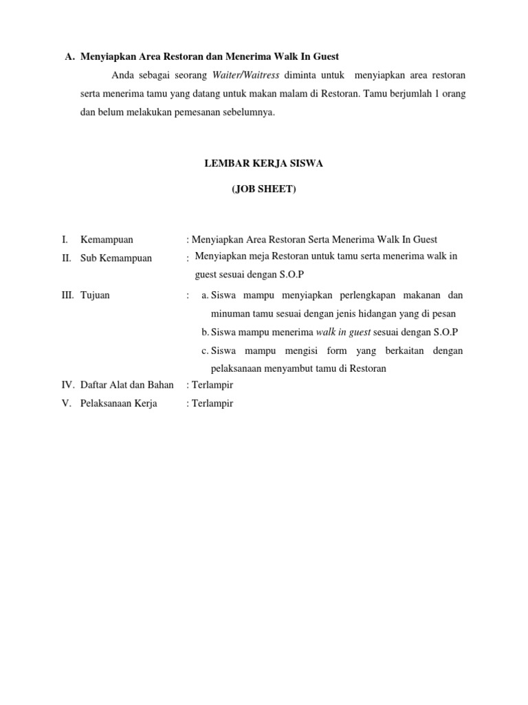 Menyiapkan Restoran untuk Walk-In Guest | PDF