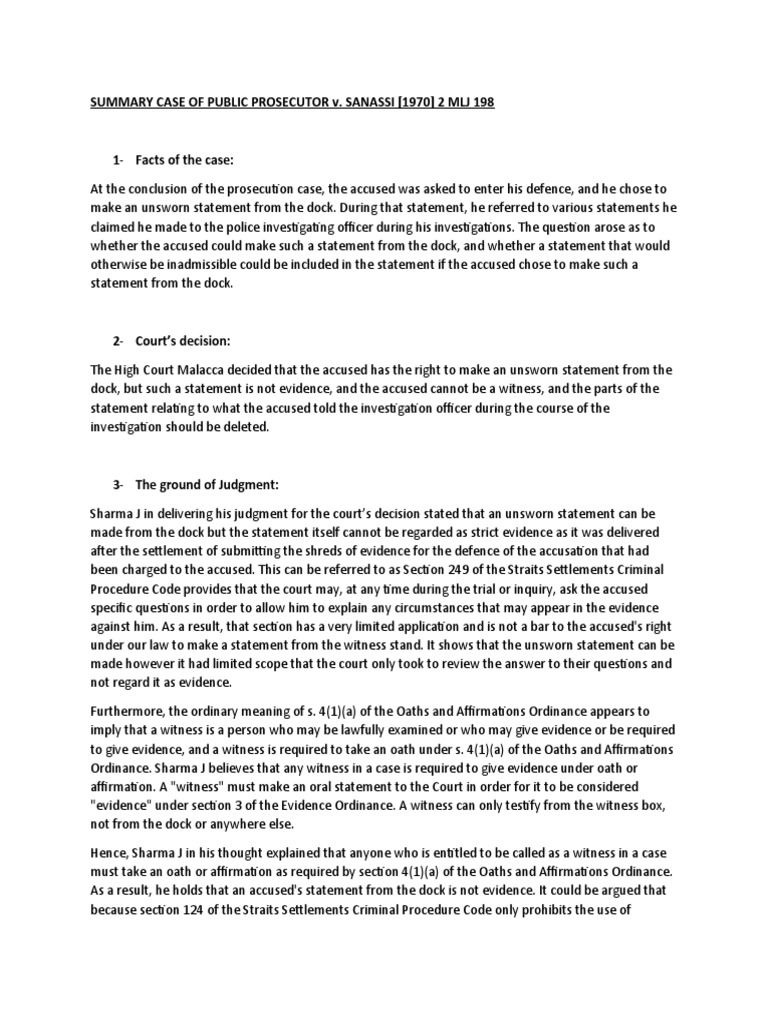 SUMMARY CASE OF PUBLIC PROSECUTOR V Sanassi | PDF | Witness | Prosecutor