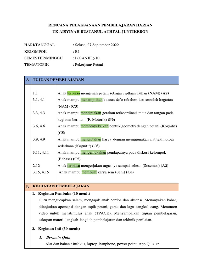 RPPH Tema Pekerjaan Petani TK B1 | PDF