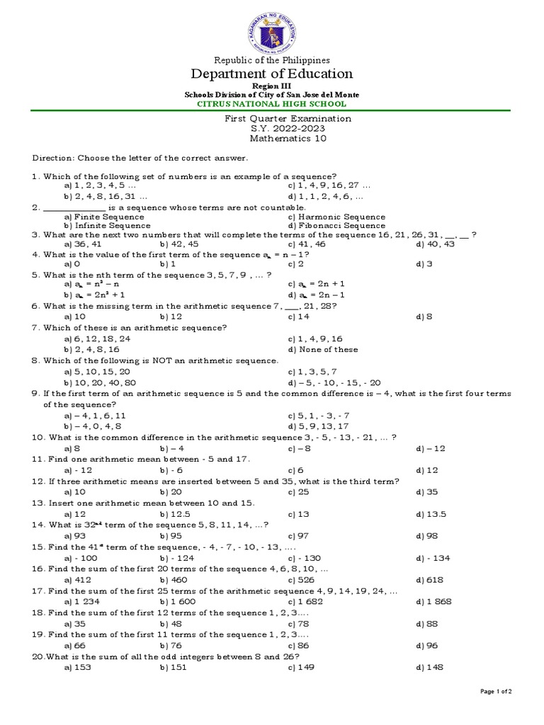 Math 10 First Quarter Exam 2022-2023 | PDF | Numbers | Arithmetic