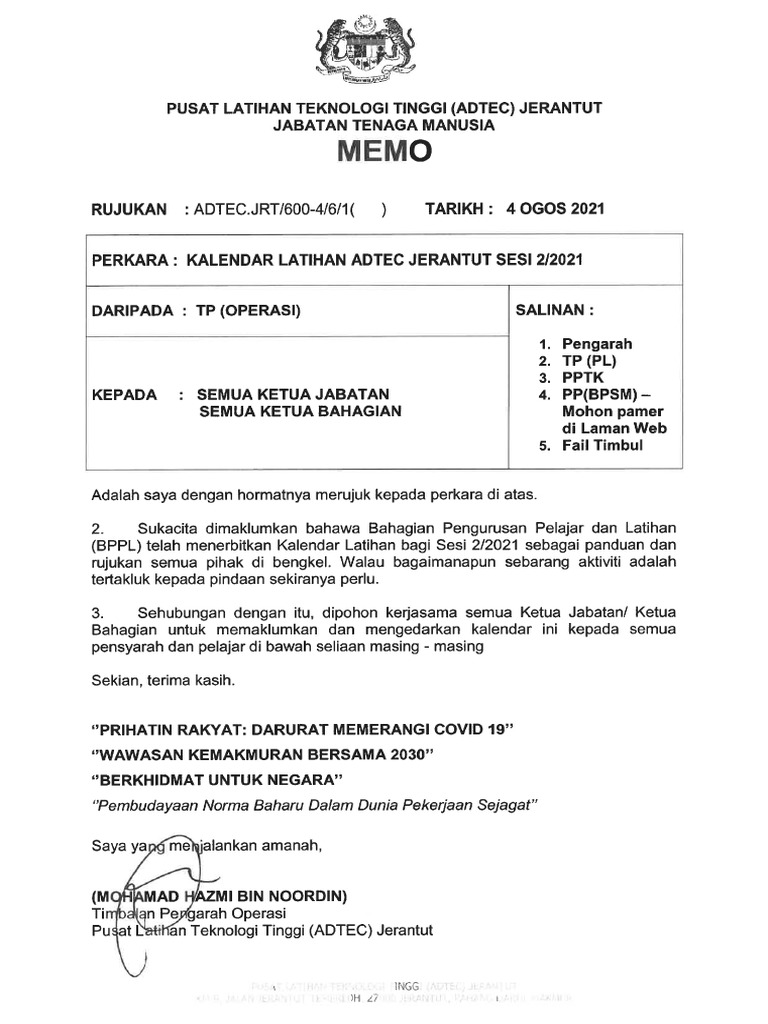 Memo Kalendar Latihan Sesi 2.2021 | PDF