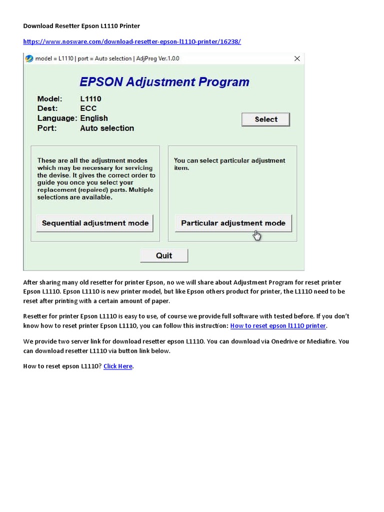 Resetter Epson L1110 Printer PDF