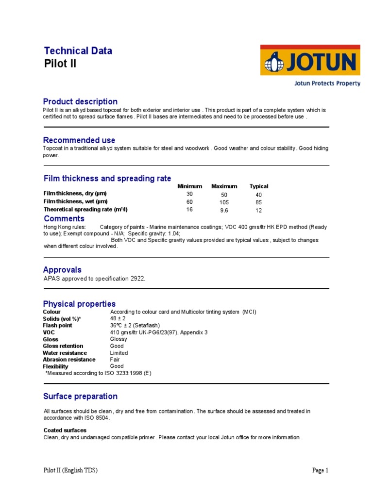 Technical Data Sheet for Pilot II AlkydBased Topcoat PDF Paint Ventilation (Architecture)