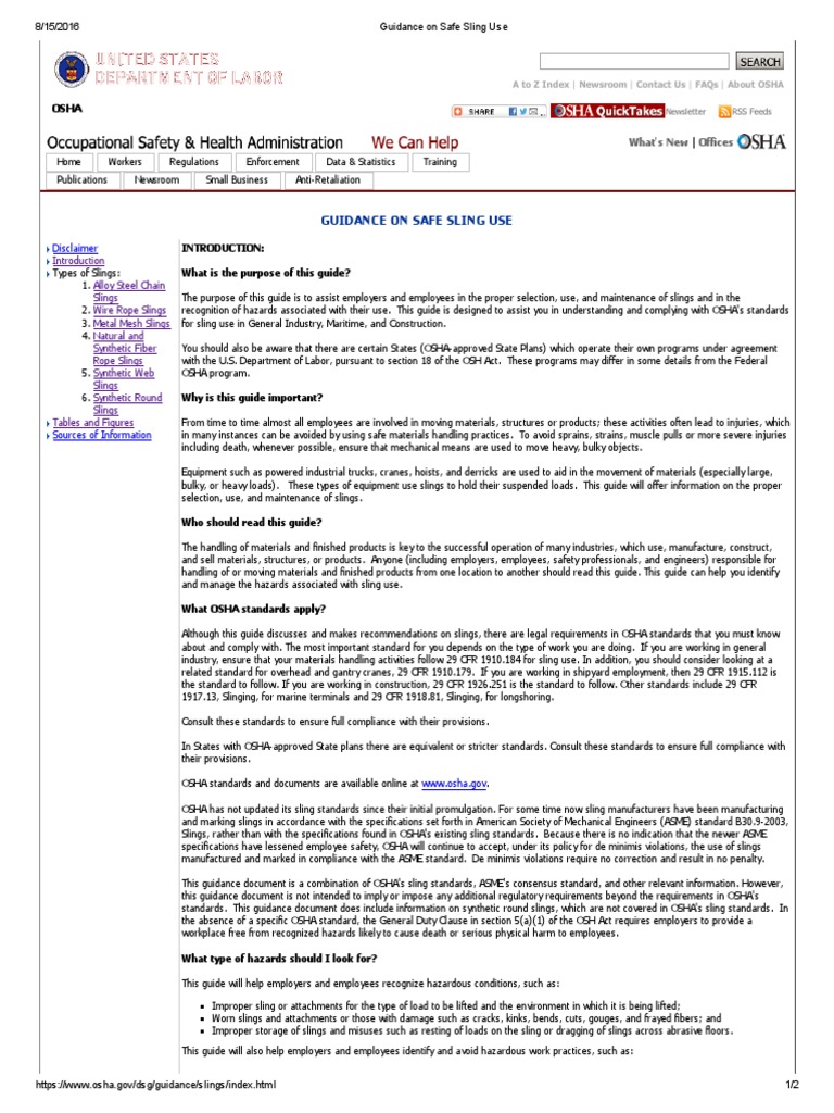 Guidance On Safe Sling Use Complete PDF Occupational Safety And Health Administration Rope