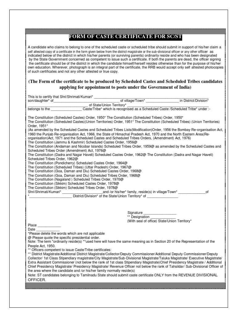 Sc St Format Pdf