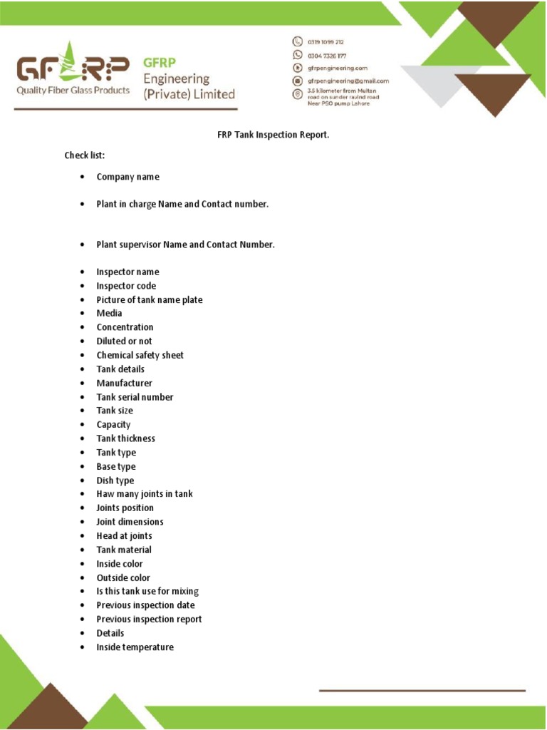 FRP Tank Inspection Checklist Report | PDF